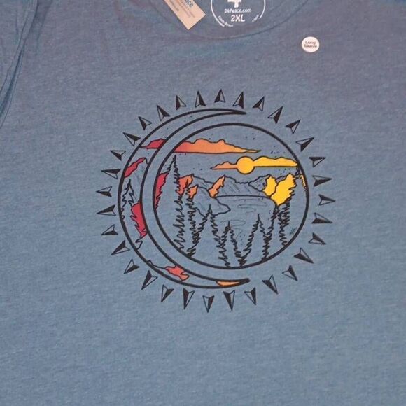 Long-sleeved Tshirt 2XL Mountain Graphics Brand 24Peace.com Color Teal Blue NWT - Picture 1 of 7
